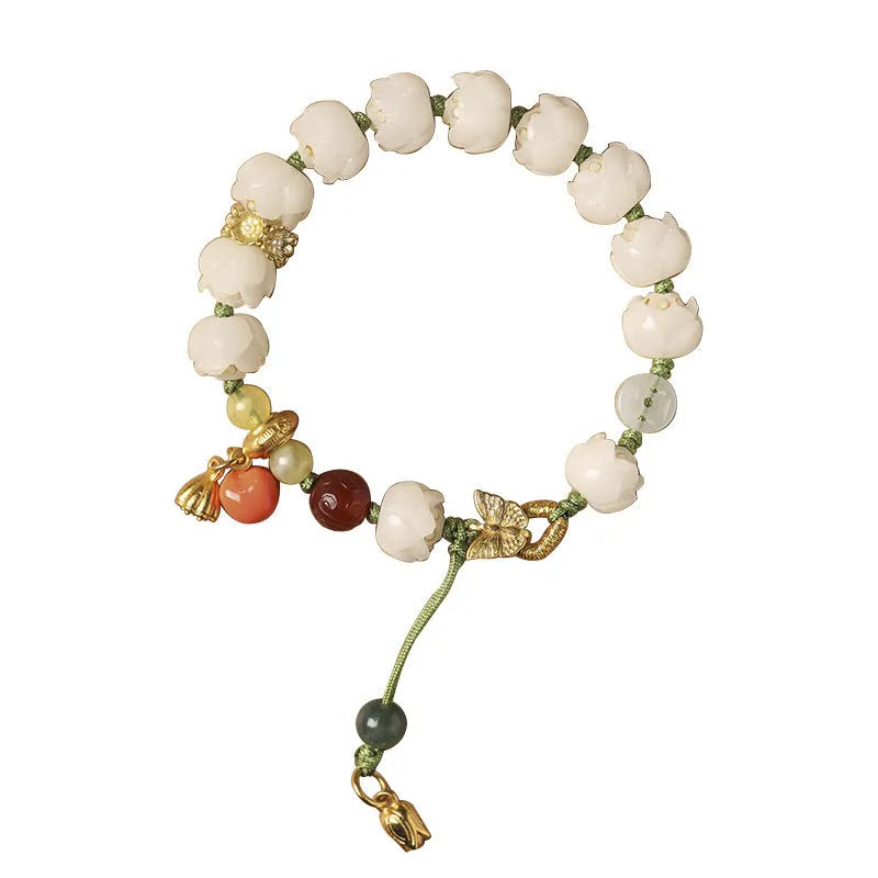 White jade Bodhi bracelet with hand-woven lotus and pumpkin beads on open rope design