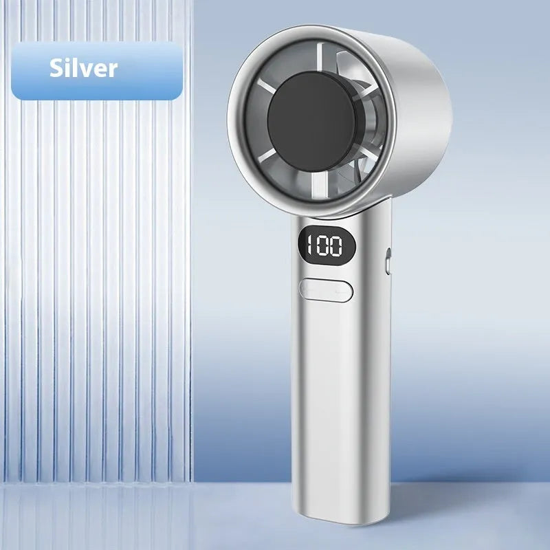 Handheld personal fan showing variable speed control and brushless motor design in choice of four colours
