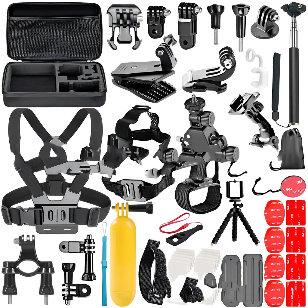 Black GoPro camera chest strap, helmet mount clip, and tripod stand accessory set.