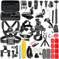 Black GoPro camera chest strap, helmet mount clip, and tripod stand accessory set.