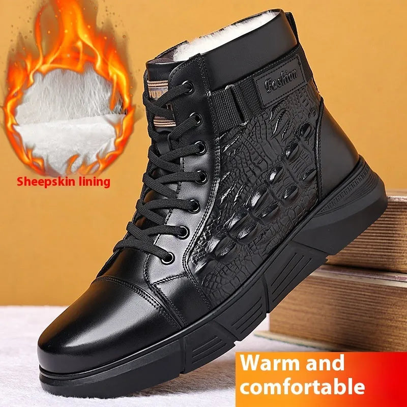 Black and brown round-toe lace-up boots with genuine leather upper, fur lining, and rubber sole.