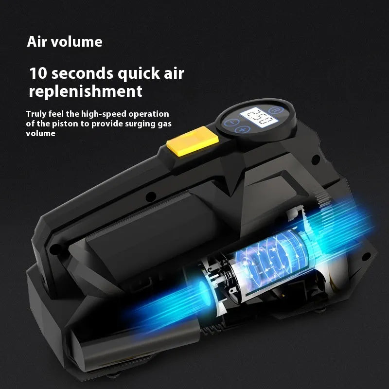 Black portable digital car tyre inflator with LED light and 12V power cable.