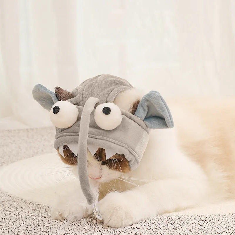 Grey big eye fish design cat toy with feather head teaser and adjustable neckband