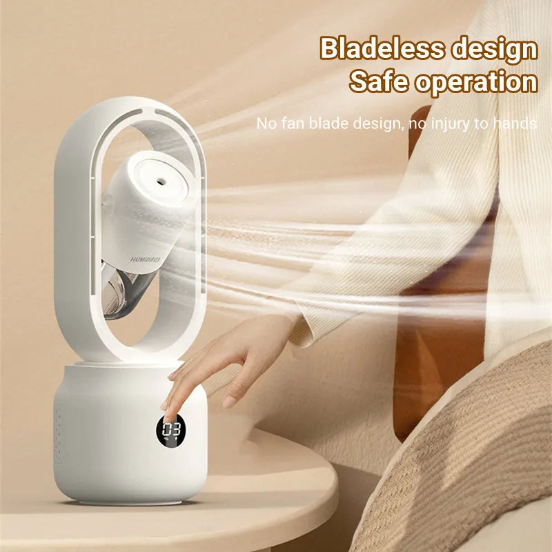 White bladeless table fan with humidifier tank on a desk, showing USB port and control buttons.