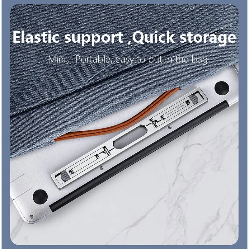 Silver aluminium laptop cooling stand with height adjustment mechanism on desktop