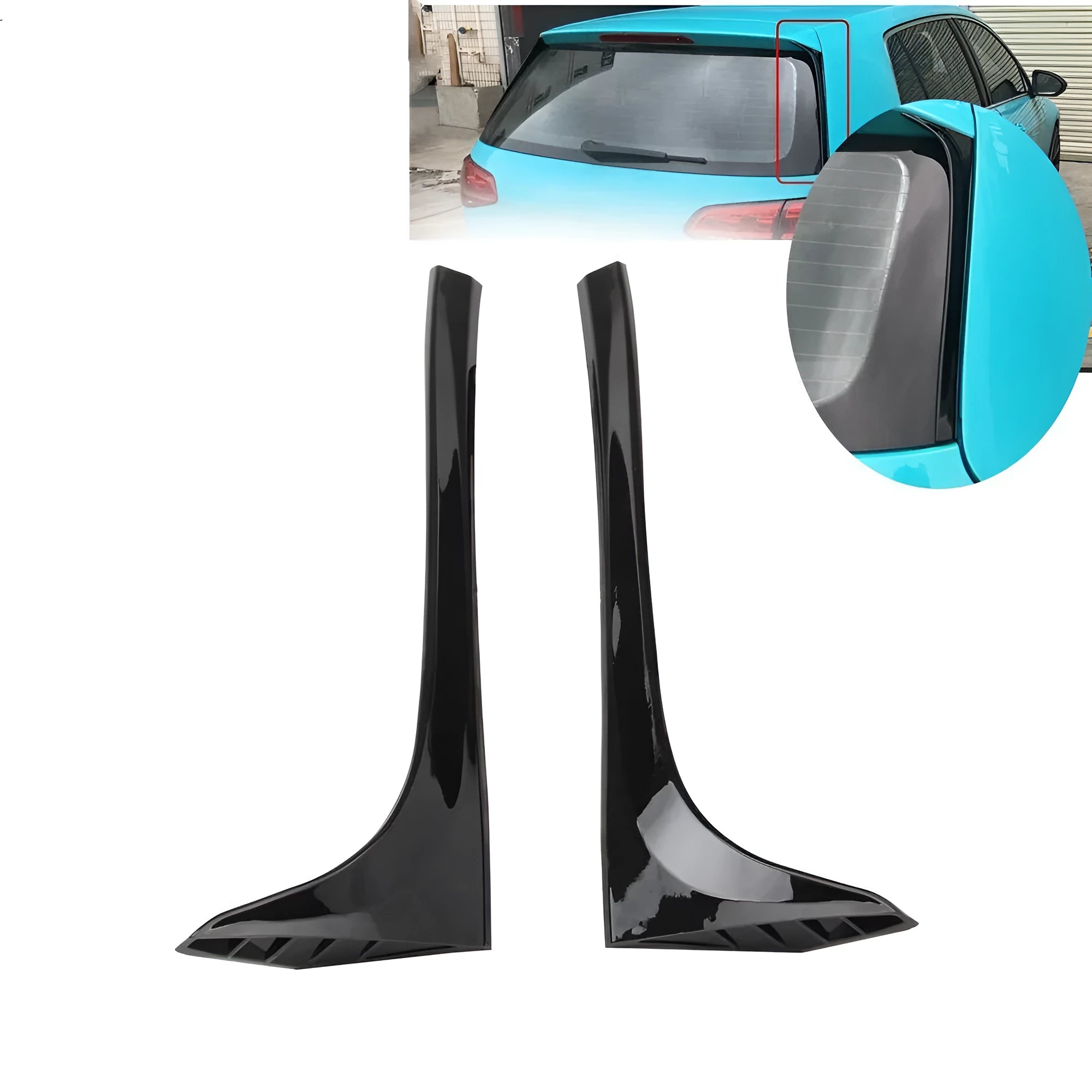 Glossy black carbon grain rear window side spoiler wing for Volkswagen Golf 7 MK7 on a white background.