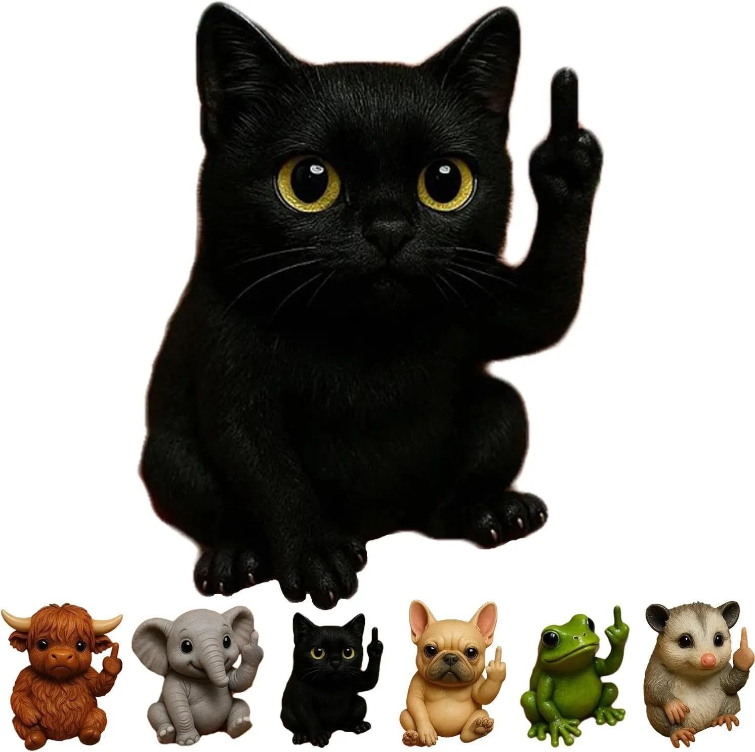 Mini resin animal doll figurine making a middle finger gesture, shown in one of seven animal styles.
