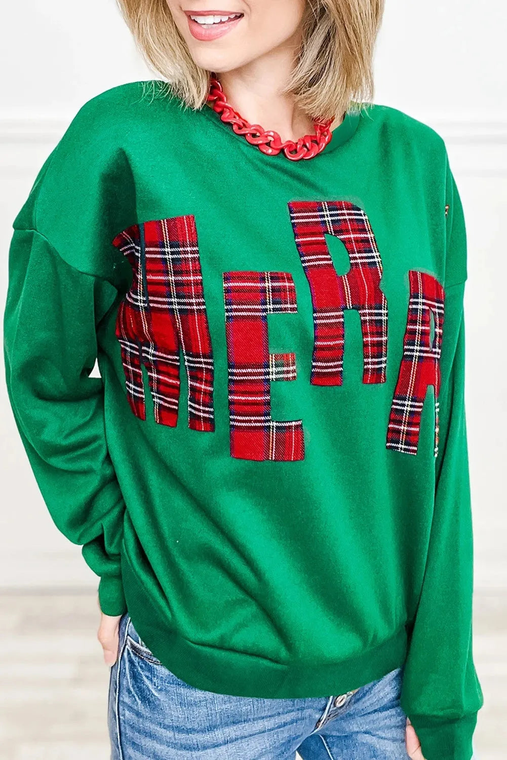 Women's casual embroidered side plaid pullover sweater in white, loose fit long sleeves