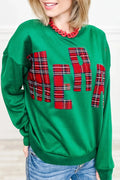 Women's casual embroidered side plaid pullover sweater in white, loose fit long sleeves