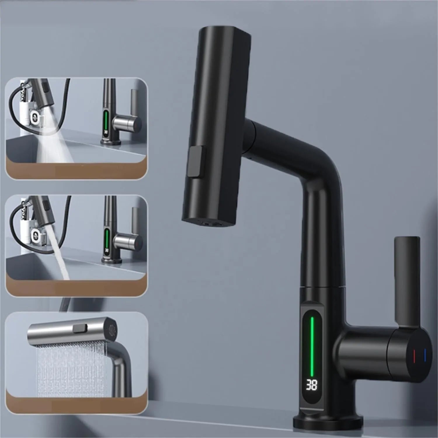 Pull-out kitchen faucet with LED temperature display showing water temperature