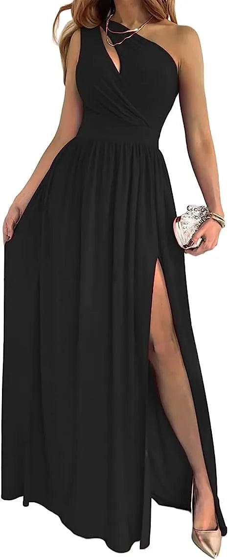 Women's one-shoulder sleeveless maxi dress with high split cutout design in soft lightweight fabric