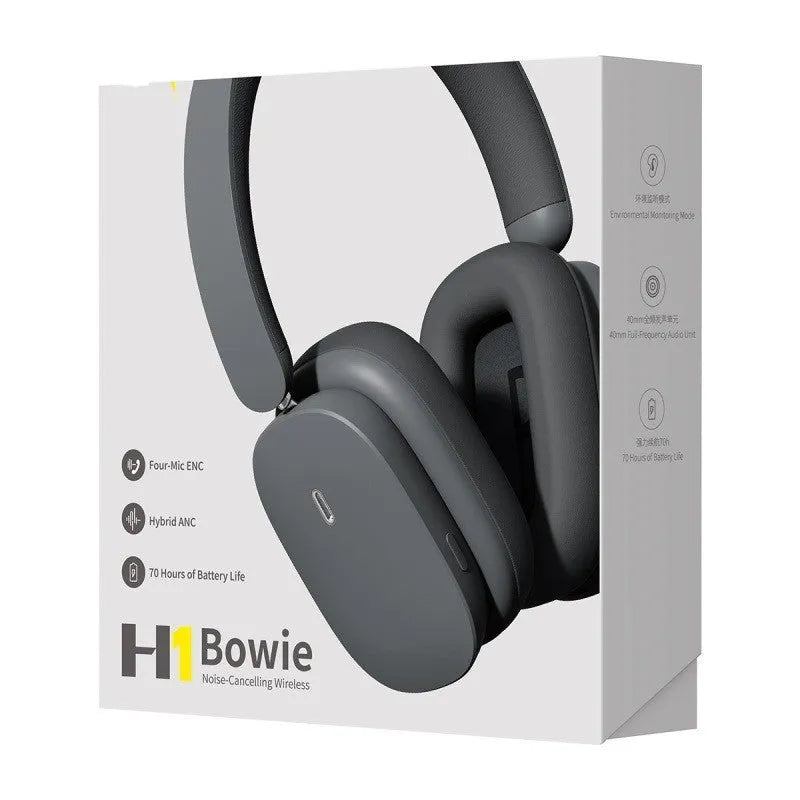 Active noise reduction ANC Bluetooth 5.2 headset in dark gray with head-mounted design and built-in microphone