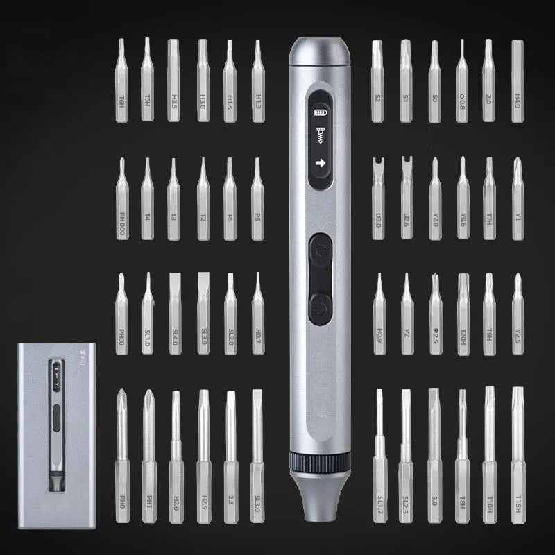 Compact aluminium electric screwdriver with display showing 134.5mm length and 52g weight