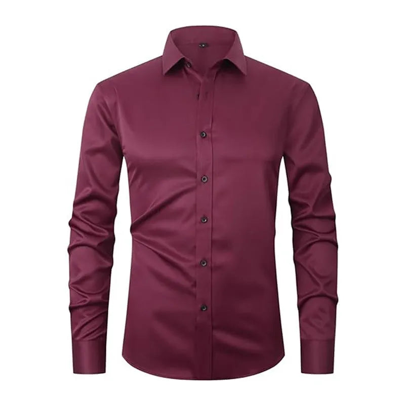 Men's stretch long sleeve work shirt in polyester fabric shown in a light colour, featuring a button front and long sleeves.