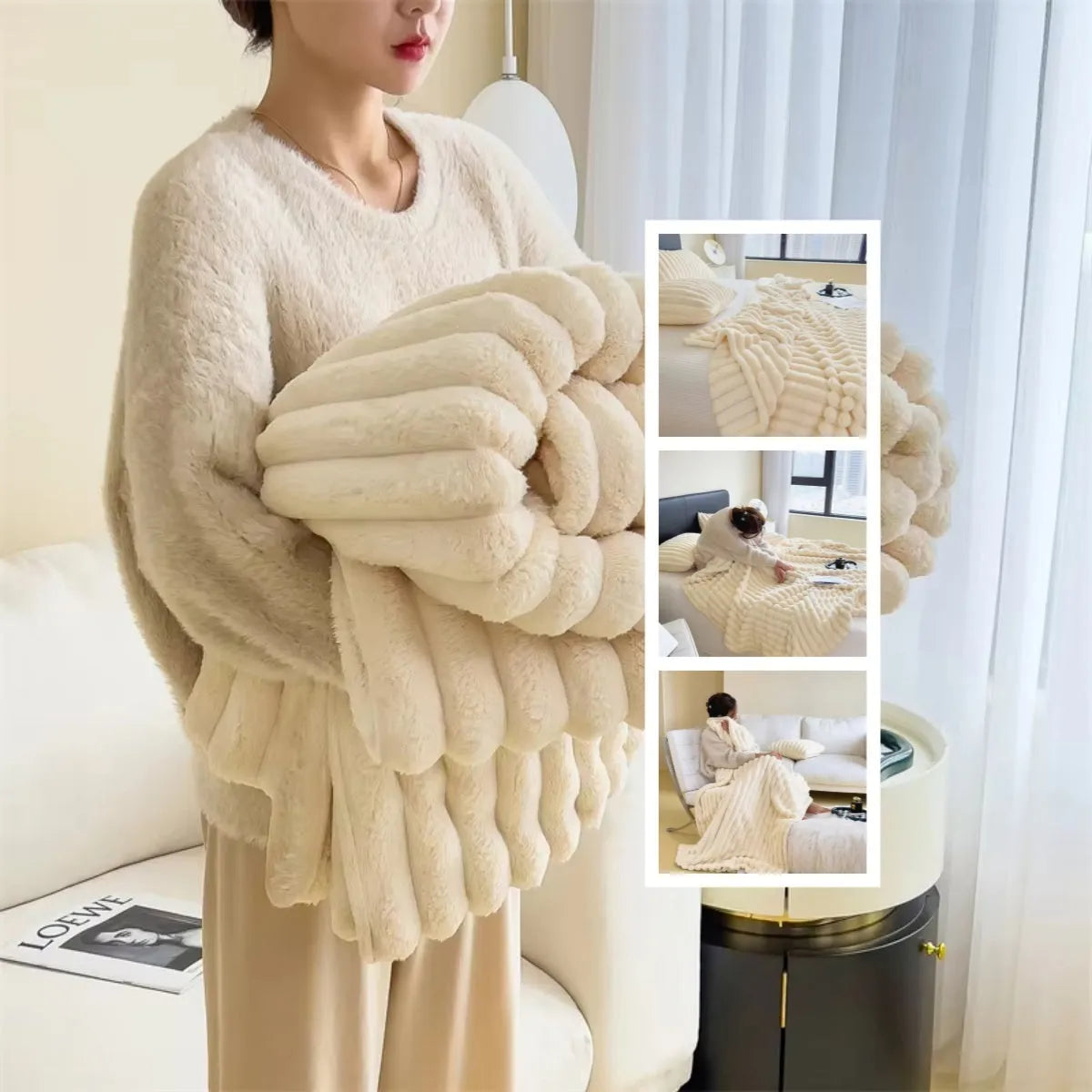 Soft Wind bubble velvet double-sided faux rabbit fur blanket in solid colour