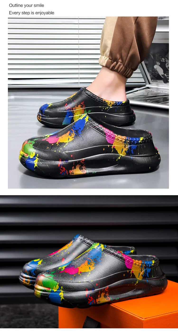 Men's black waterproof EVA work shoes with a textured sole and protective toe cap.