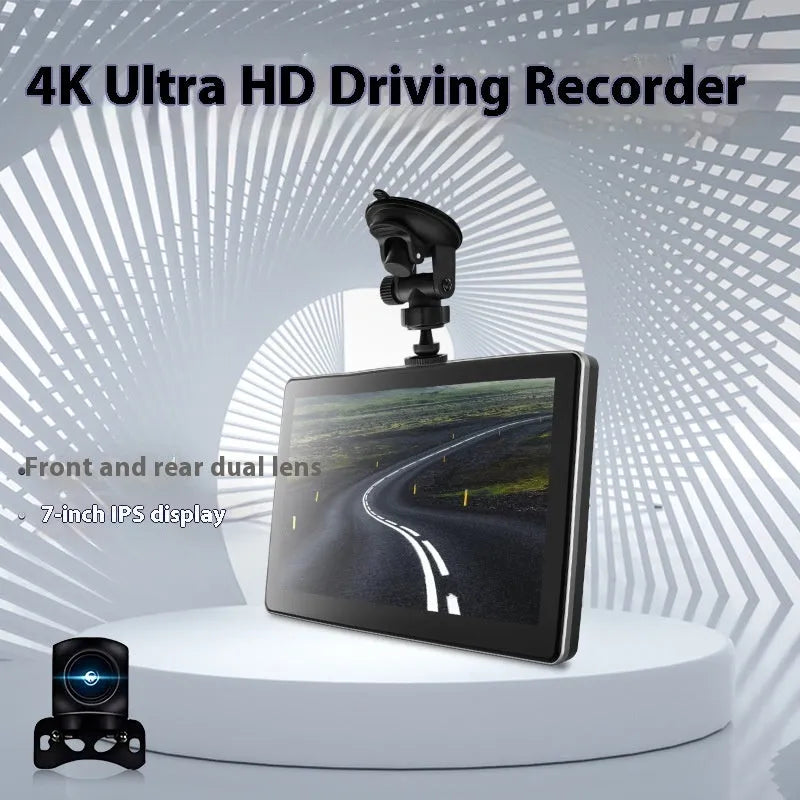 Black 7-inch wireless CarPlay projection car dashcam on a windscreen