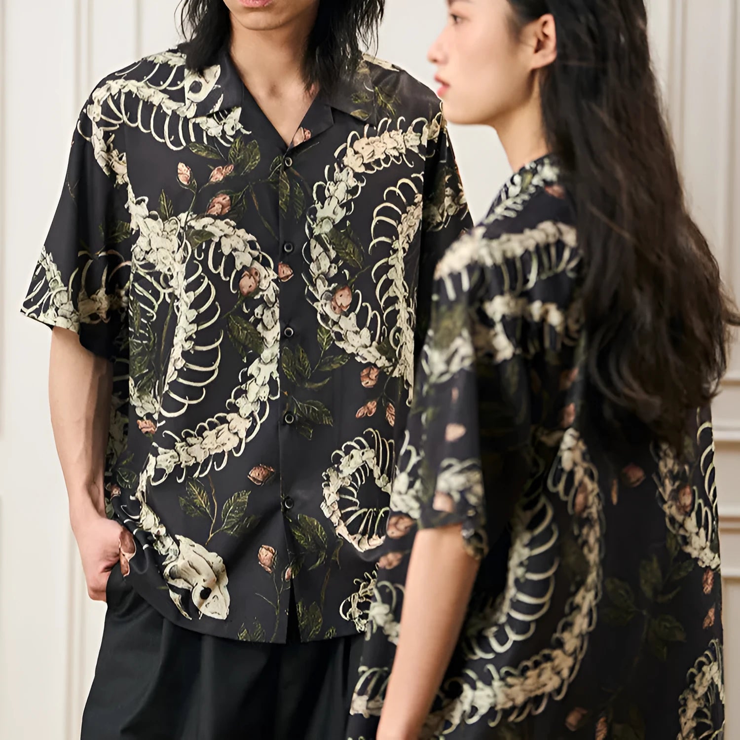 Short sleeve Cuban collar shirt with a snake bone and floral printed pattern in a loose fit.