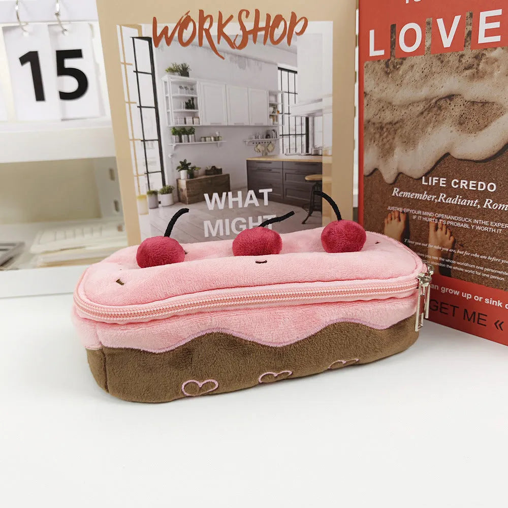 Cherry Cake coloured velvet plush pencil bag in a Korean style.