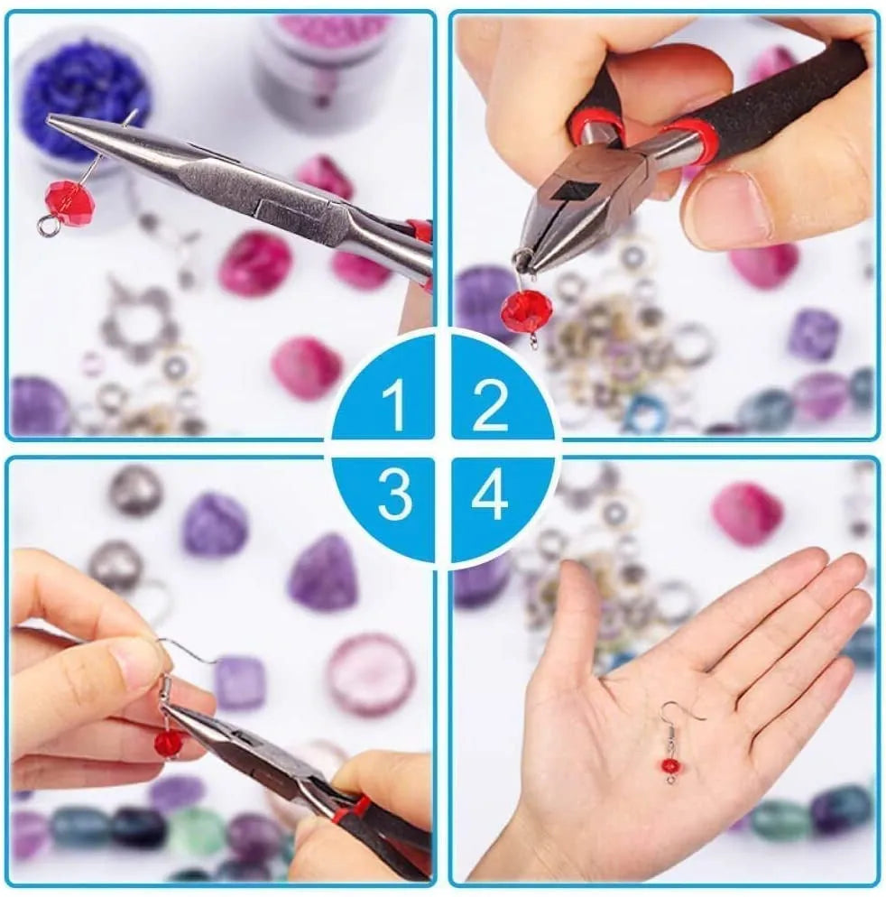 Jewelry making repair kit with metal beads, copper wire, and pliers in a compact 23cm case