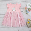Pink cotton girls princess dress with cartoon rabbit print and mesh overlay on plain background
