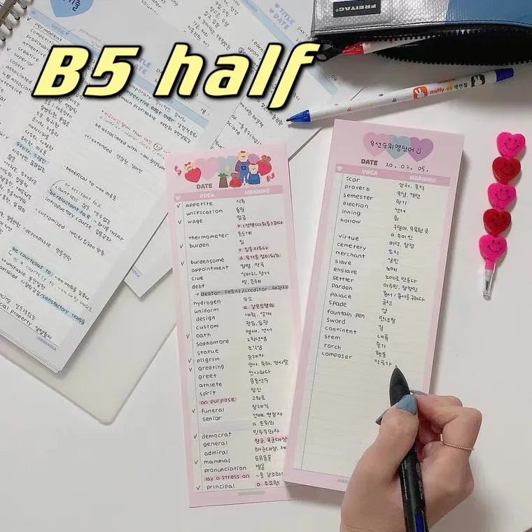 English words notepad with vertical format and blue cover showing B5 half size dimensions