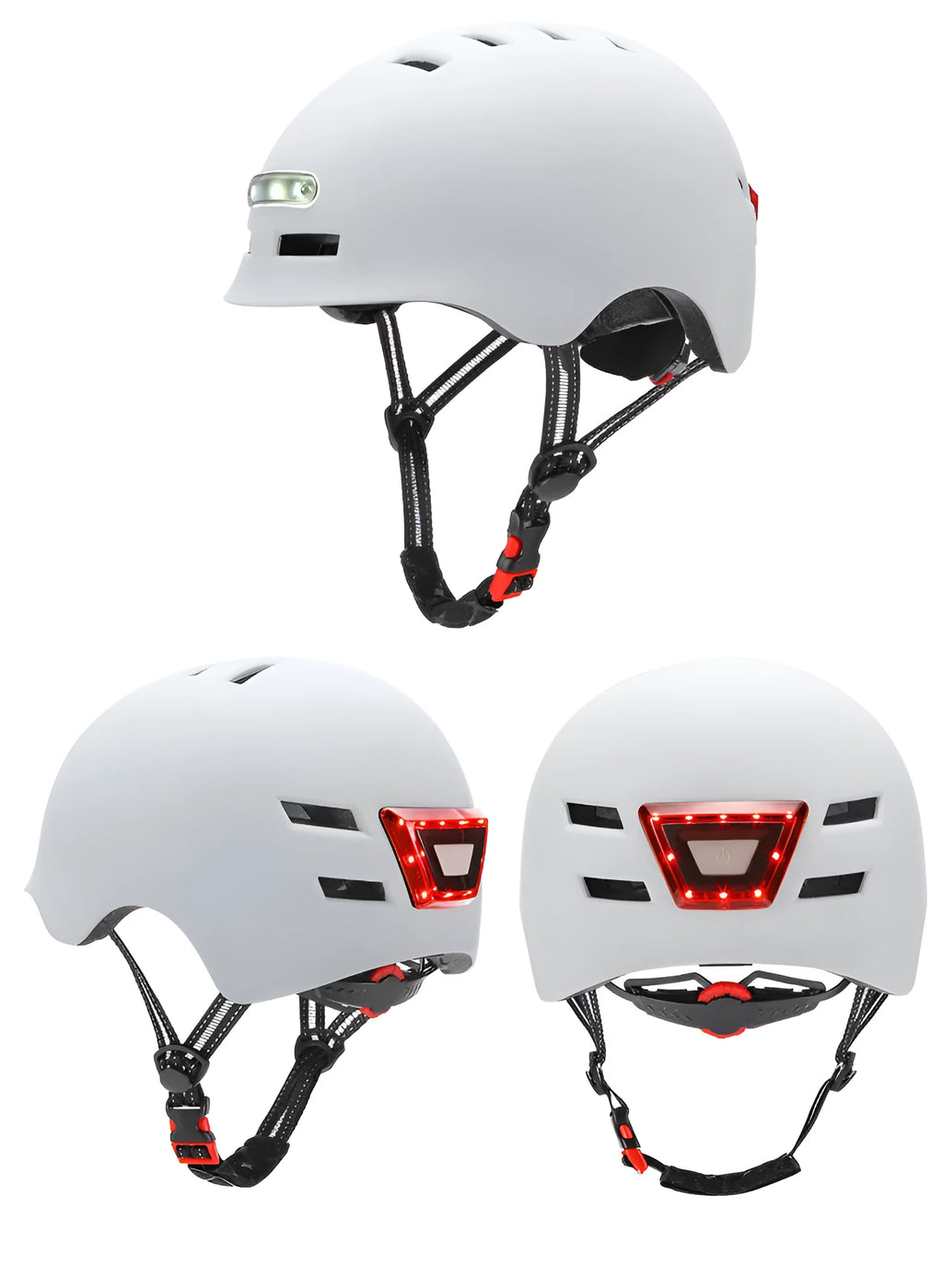 Black electric scooter helmet with front LED headlight and rear taillight, adjustable strap, on white background