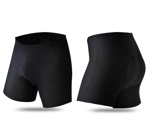 Black mesh Lycra cycling underwear shorts shown flat with silicone grip detail at hem