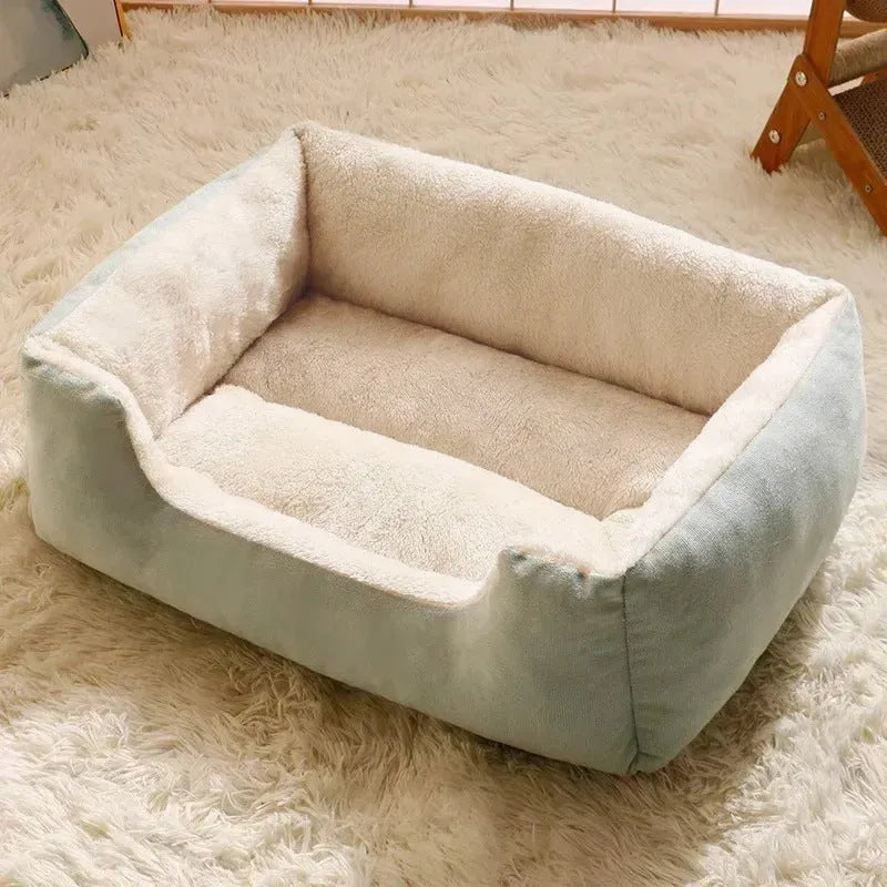 Soft short plush cat bed shown in multiple colours and sizes for kittens, cats, and small dogs.