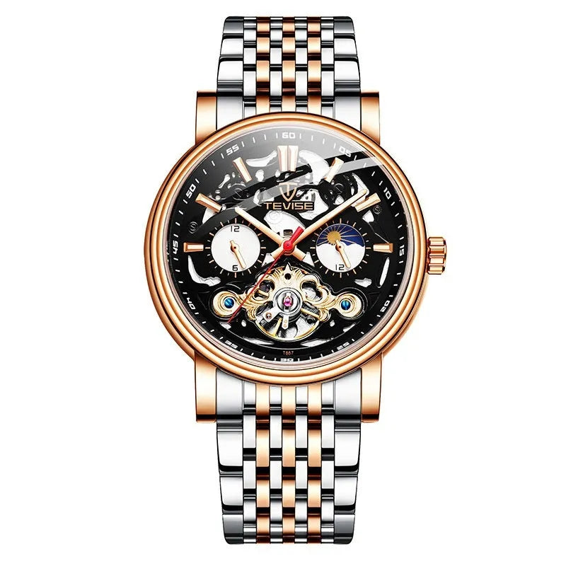 Men's black tourbillon mechanical watch with luminous hands on a leather strap.