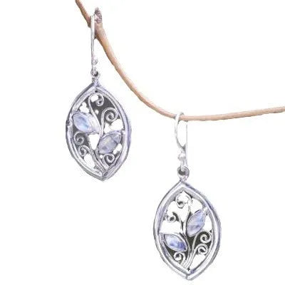 Silver leaf-shaped earrings with embedded colourful moonstones for women