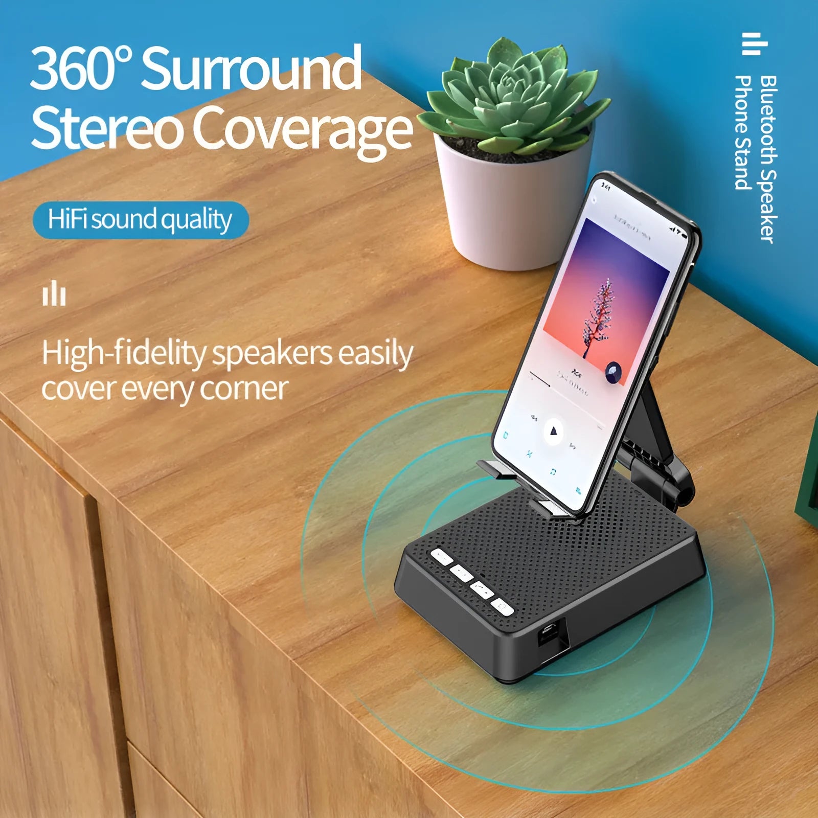 Black Bluetooth speaker phone stand with microphone for live streaming, showing phone holder and charging port