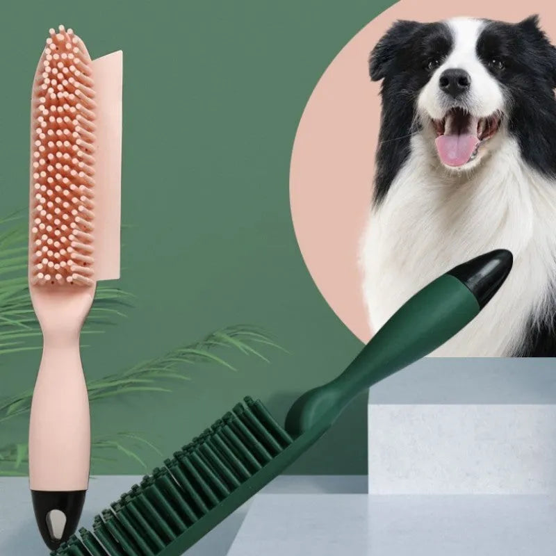Green pet grooming brush with massage nodules and removable wool sticker for hair collection