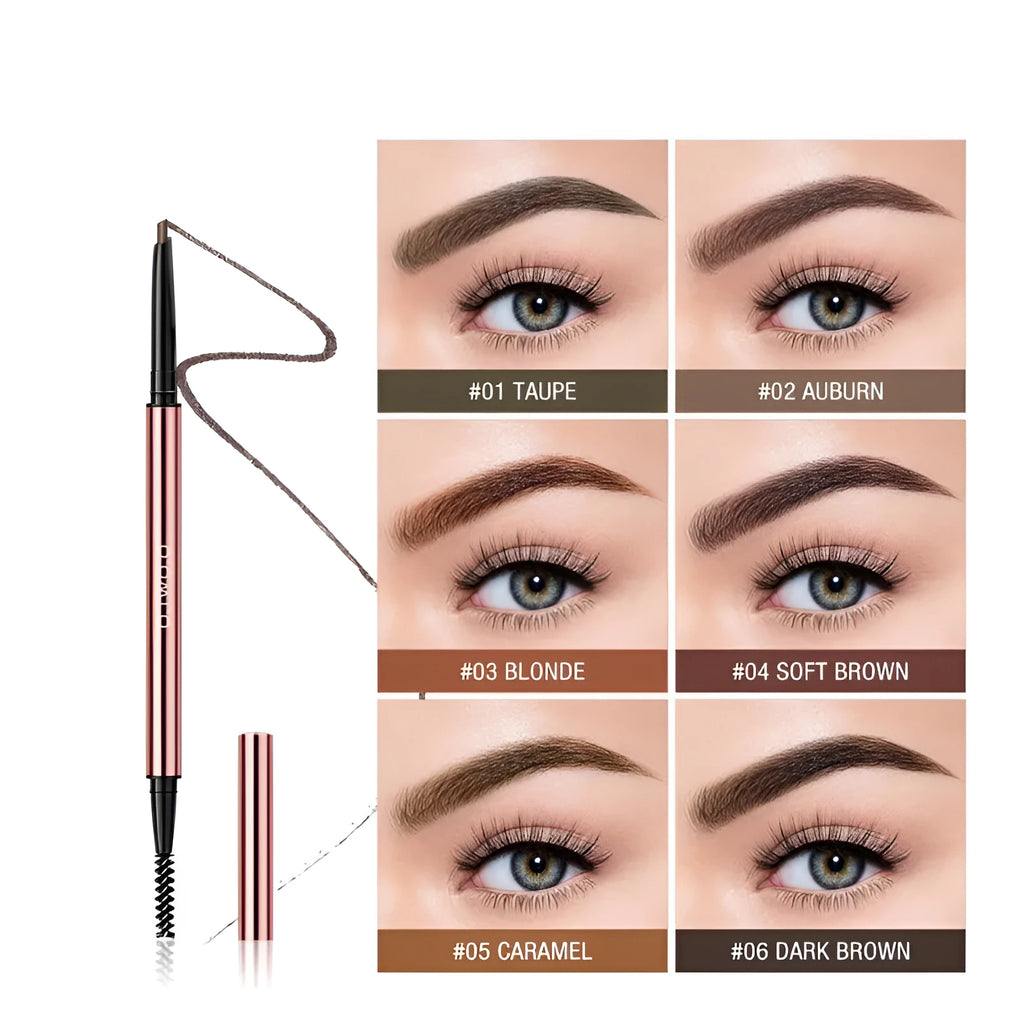 Slim eyebrow make-up pencil in colour box packaging with six shade options shown.