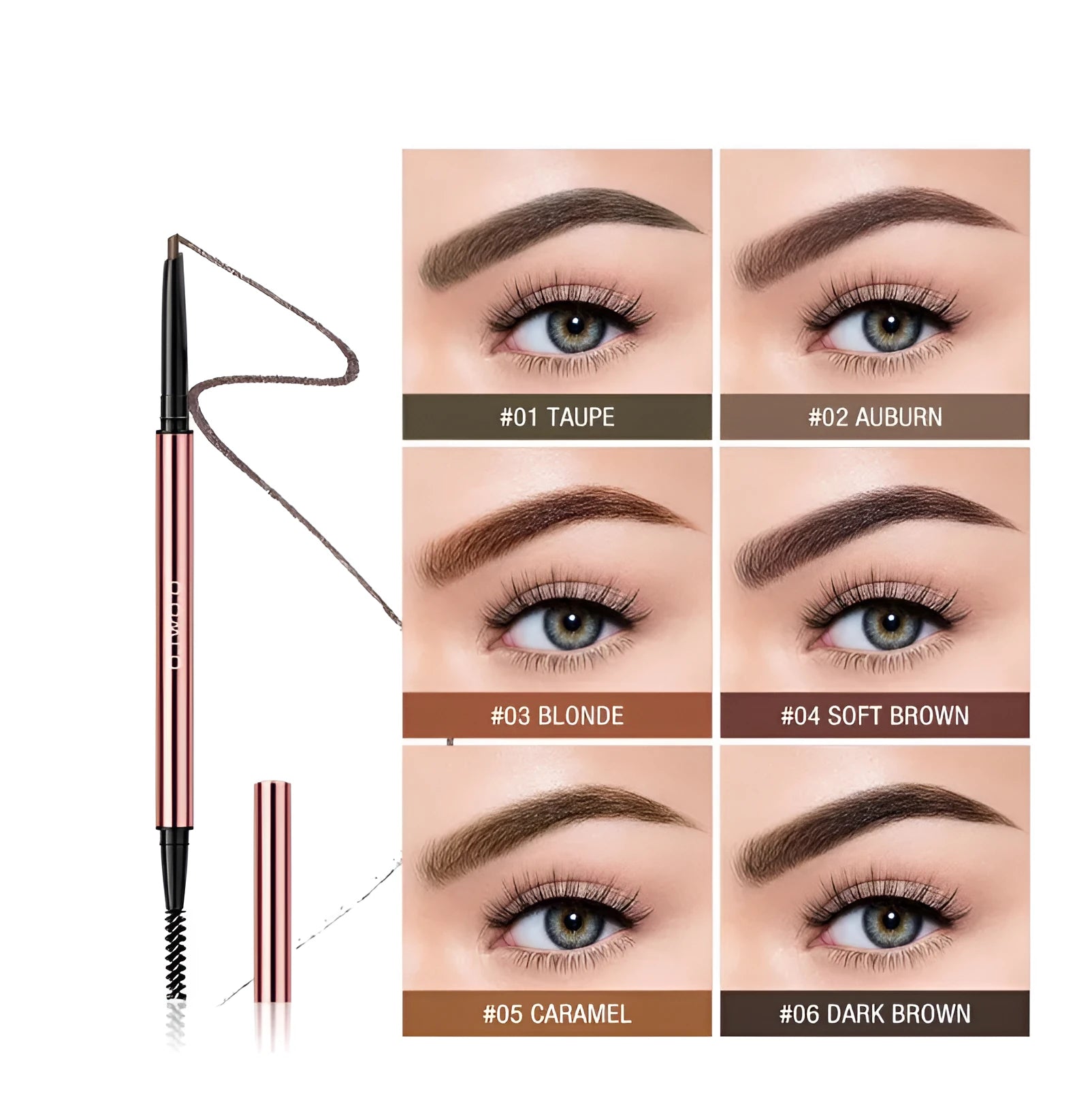 Slim eyebrow make-up pencil in colour box packaging with six shade options shown.