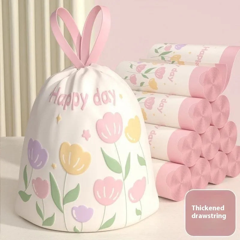 Pink degradable drawstring garbage bags with argy wormwood for mosquito repellent, size 44cm by 48cm.