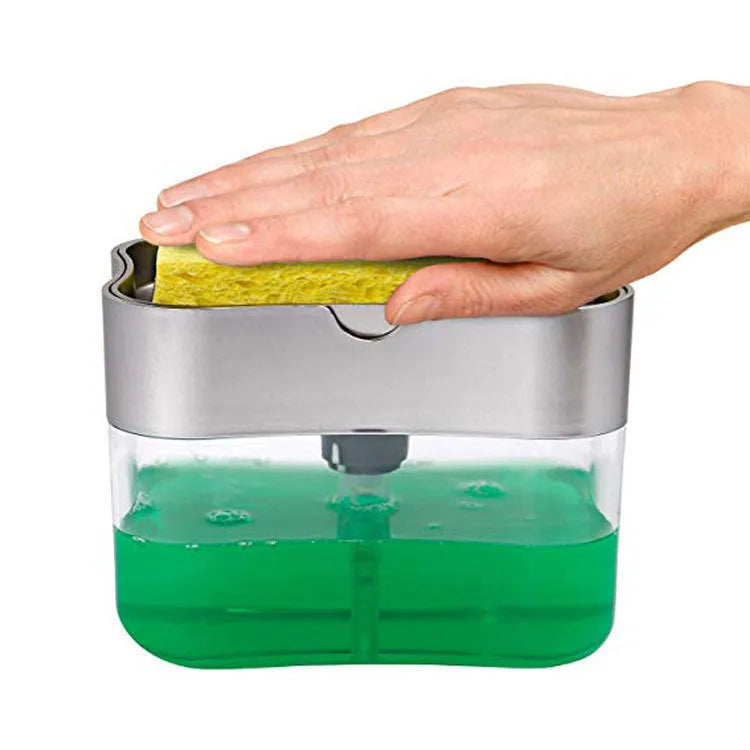 Grey plastic kitchen soap dispenser with push-action mechanism measuring 14.5cm wide