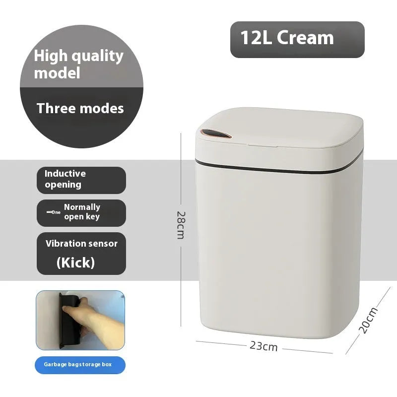 Square intelligent automatic sensor dustbin with induction opening lid in milky white