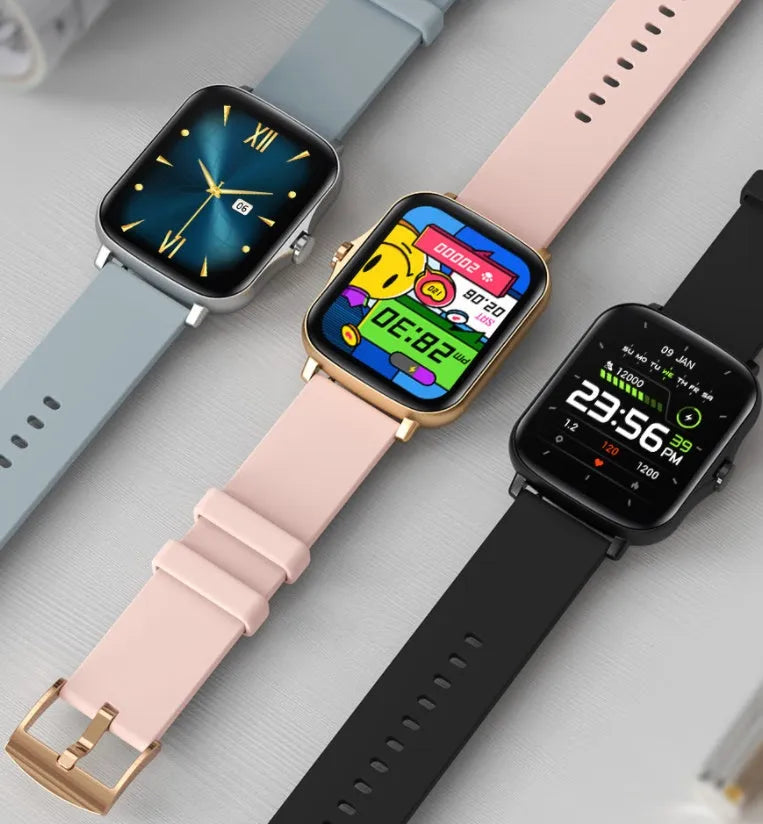 Smart watch with 1.7-inch colour touch screen on adjustable strap, shown in black, blue, or gold.