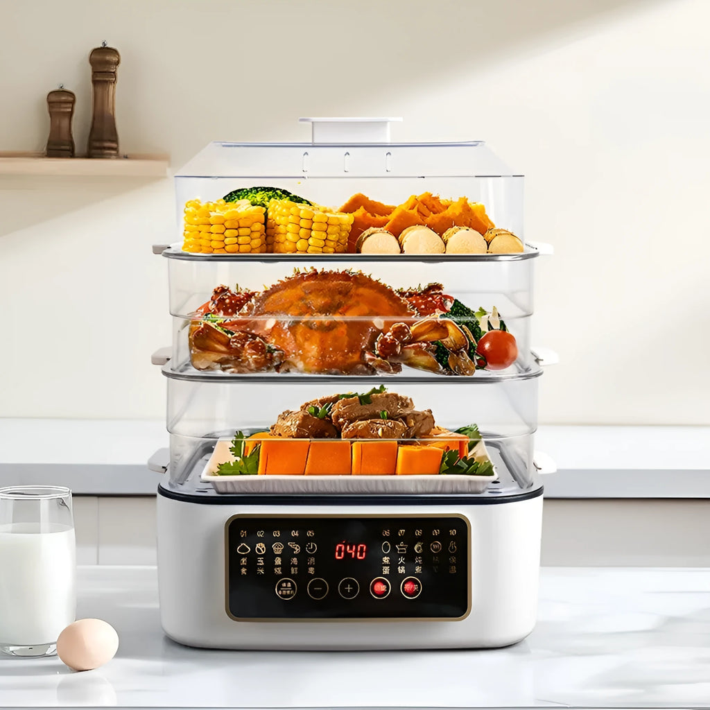 28-litre capacity electric steamer with stainless steel rack and automatic water measurement function