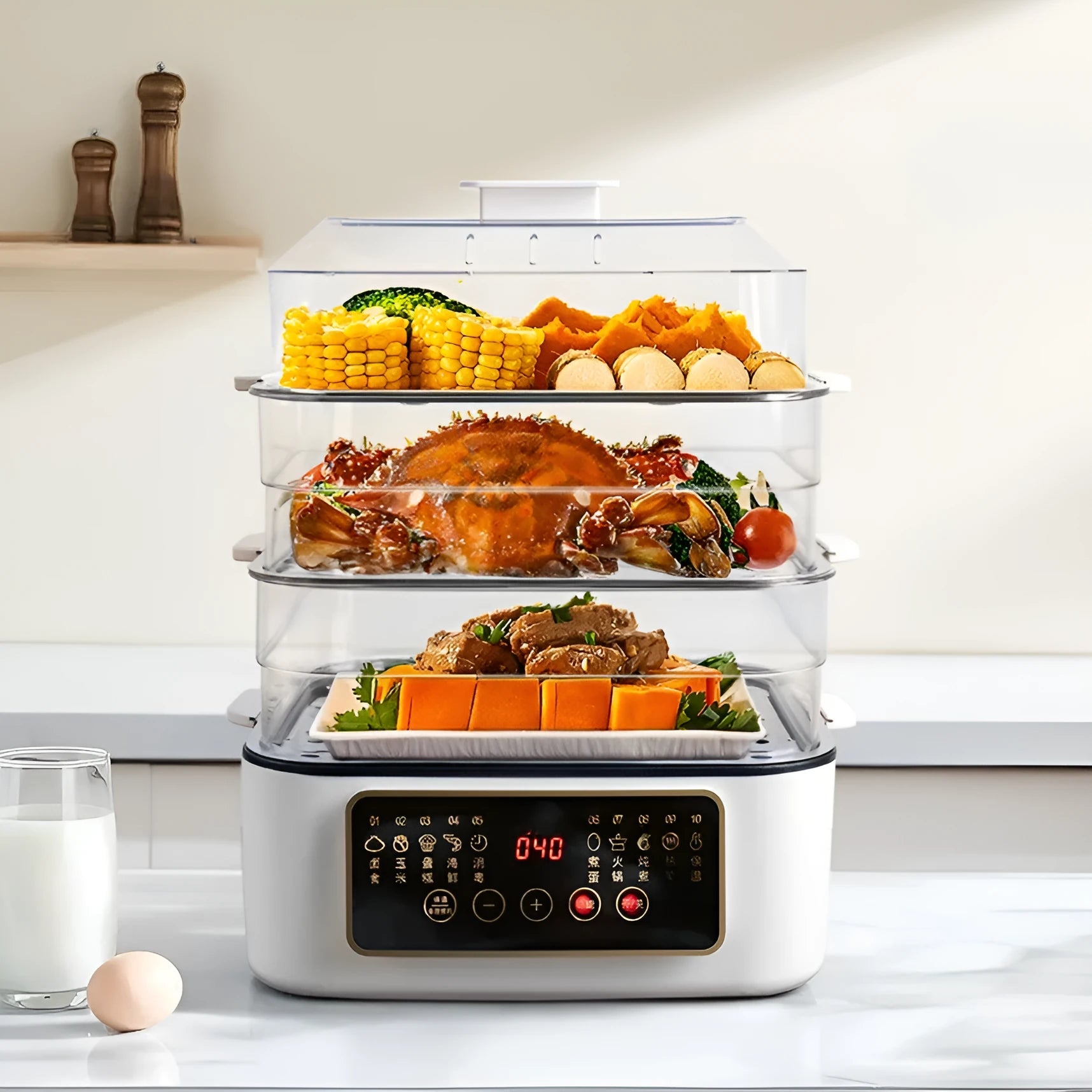 28-litre capacity electric steamer with stainless steel rack and automatic water measurement function