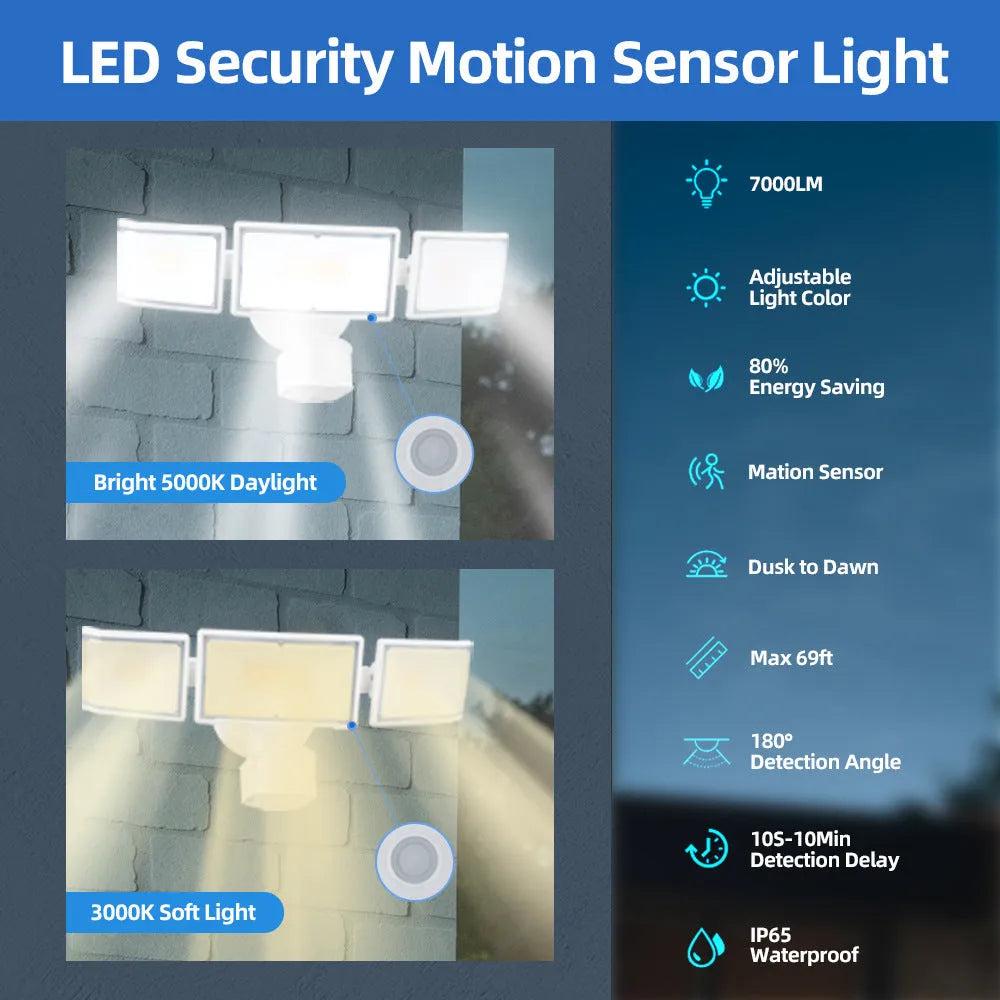 White or black 120V LED motion sensor security flood light for outdoor wall or ceiling installation.