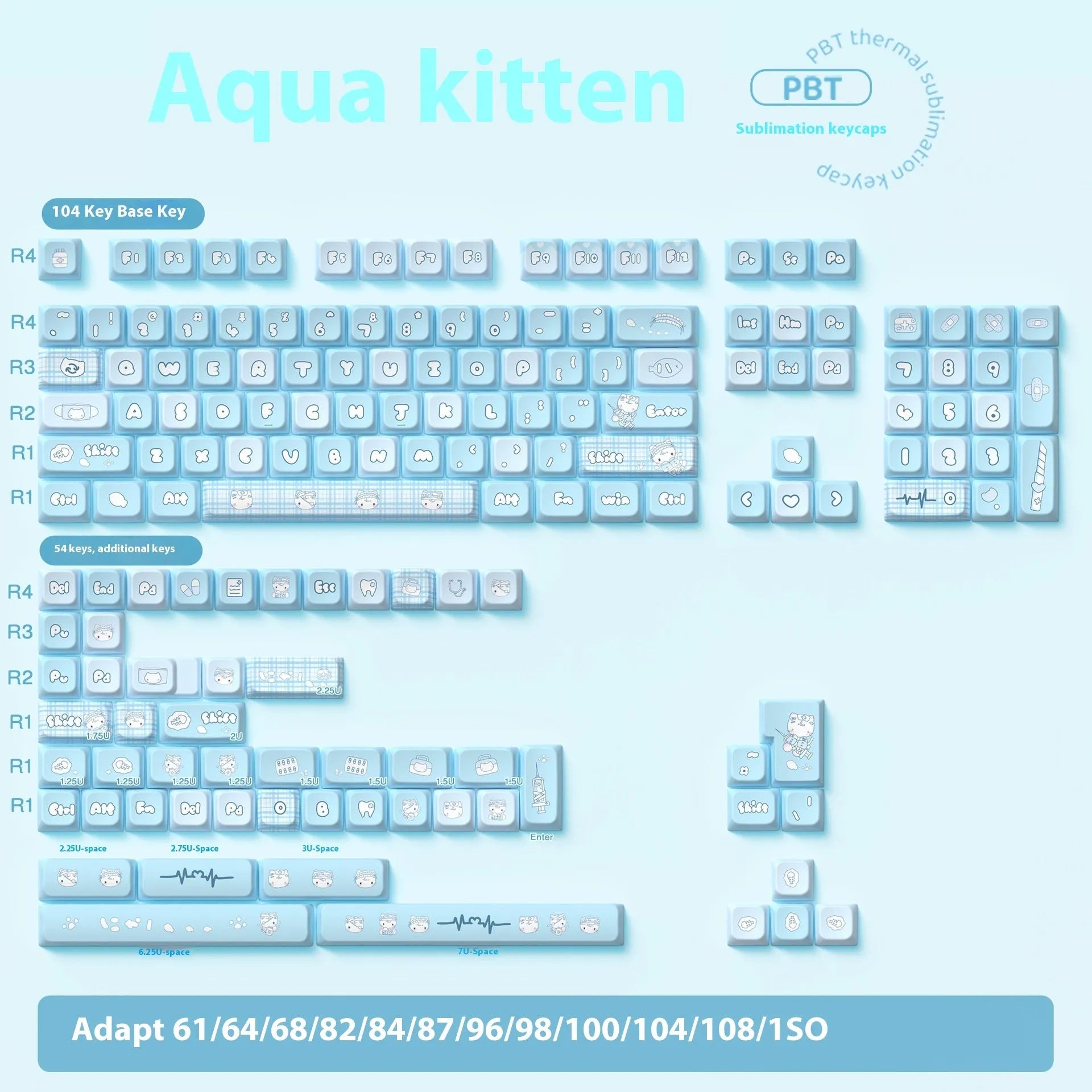 Water colour kitten custom design PBT key cap set for mechanical keyboards, 138 or 158 keys