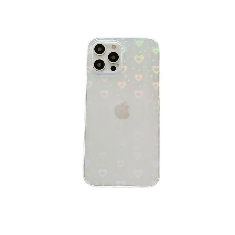 Transparent silicone iPhone case with a laser colourful love heart and butterfly pattern design.