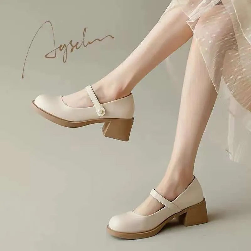 Women's PU leather loafers with short stout heel, round toe, in beige colour, solid colour design