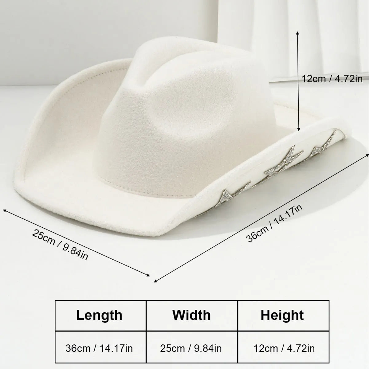 A beige woven polyester Western-style top hat with a conical crown and a hexagonal star detail on the front.