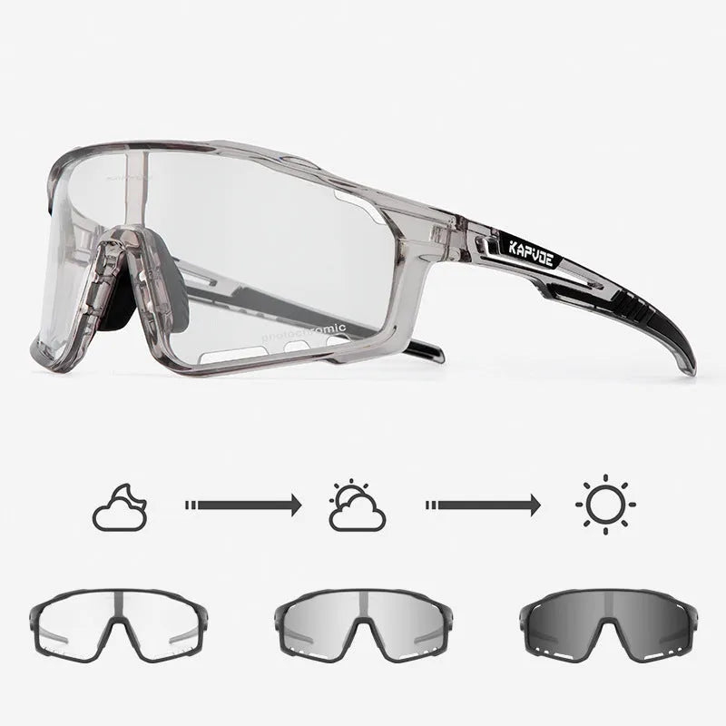 Photochromic cycling sunglasses with a semi-rimless TR90 frame shown in one of fourteen available colours.