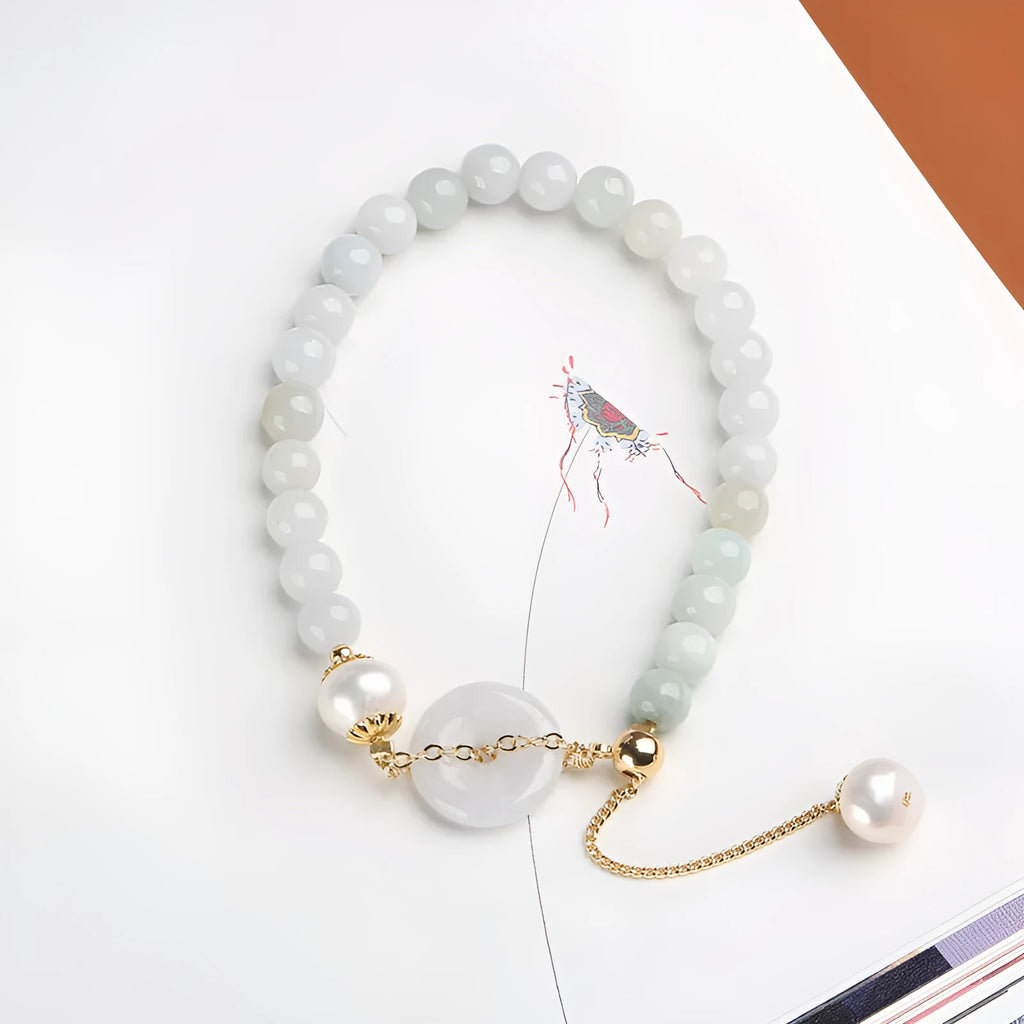 Geometric jade pendant pearl bracelet with peace buckle clasp in national style design