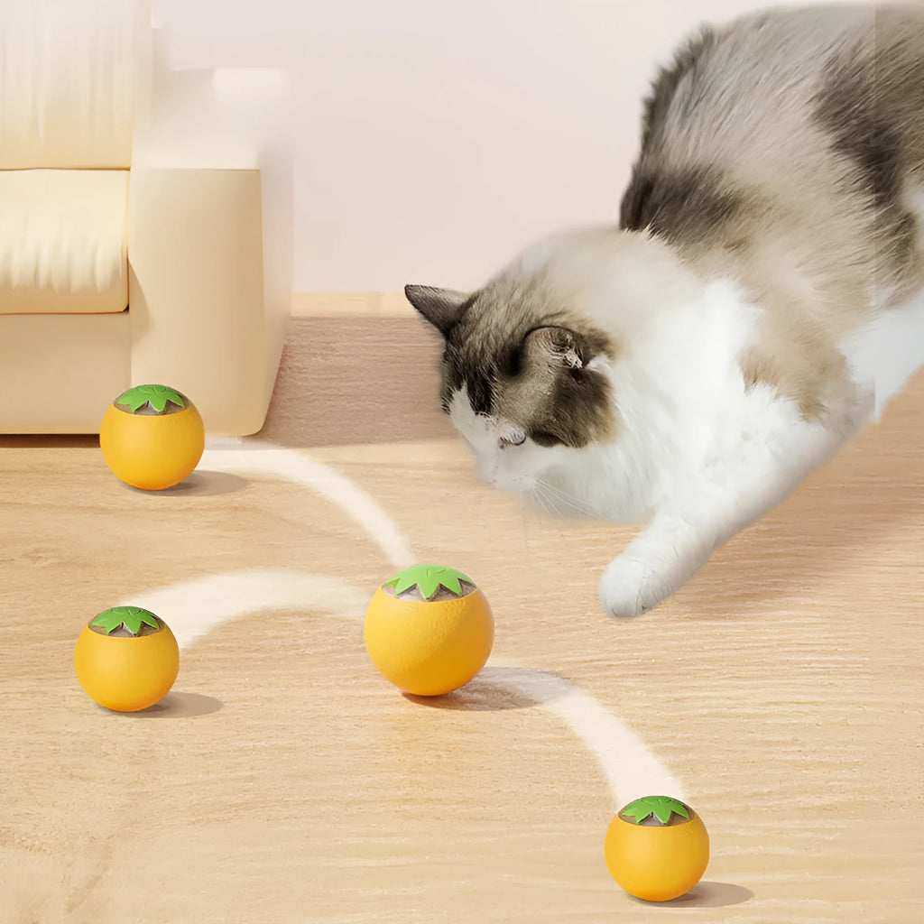 Automatic electric rolling ball pet toy for dogs and cats, 4.5cm cube in green, pink, or yellow.