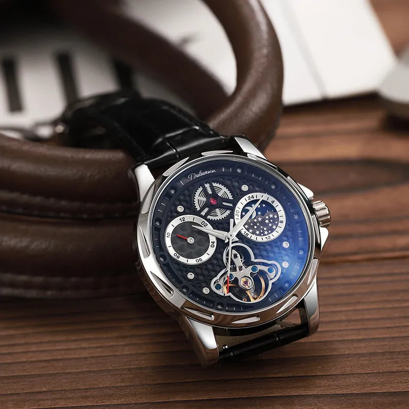 Men's waterproof automatic watch with luminous hands on a stainless steel bracelet.
